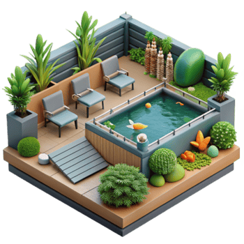 Illustration Relaxing Rooftop Oasis with Pond and Seating png