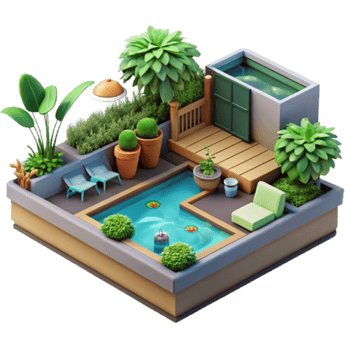 Illustration Rooftop Garden Design with Pool and Plants png