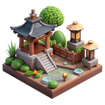 Isometric Illustration Peaceful Zen Garden with Pagoda and Lanterns png