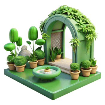 Render of Lush Green Garden with Archway and Potted Plants png