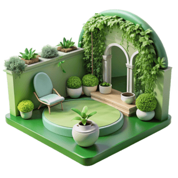 Serene Green Garden Patio Illustration Tranquil Relaxation Space with Lush Plants and Minimalist Chair png