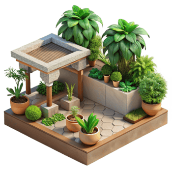 Isometric Illustration of a Lush Courtyard Garden with Pergola png