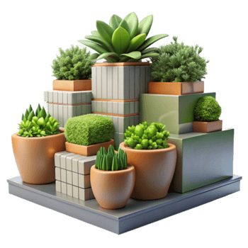 Render Succulent Garden Illustration Modern Potted Plants, Geometric Planters, Minimalist Greenery png