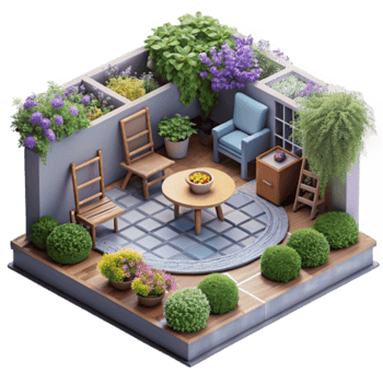 Charming Isometric Illustration of a Rooftop Garden Patio png