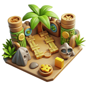 Stylized Island Scene Render, Tropical Paradise Illustration, Cartoonish Game Asset, Beach Hut, Palm Tree, Stone, Skull, Wooden Structures png
