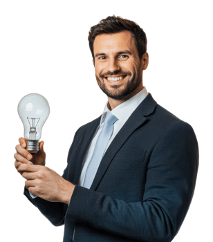 Businessman holding a light bulb while smiling png