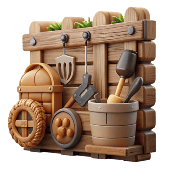 Wooden Garden Shed Illustration Tools, Basket, Wheelbarrow, and More png