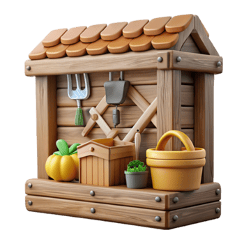 Charming Wooden Shed Illustration Garden Tools Pumpkins Plants png