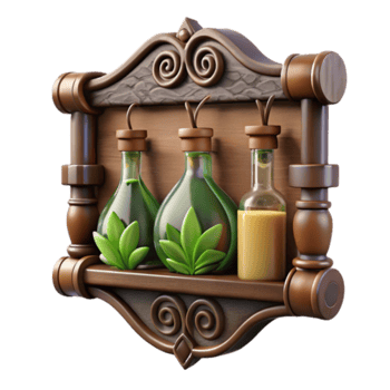 Wooden Shelf with Three Herbal Bottles Render png