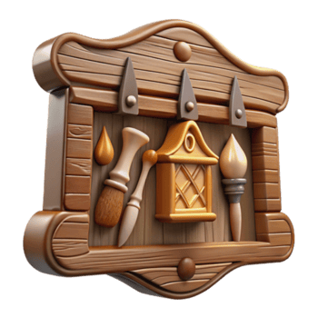 Wooden Craft Tools Render Illustration Brushes, Paint, Lantern, Artistic Tools, Wood Texture, Craft Supplies, Golden Accents, Detailed Model, Rustic Design, Wooden Sign png