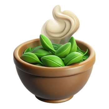 Render of Green Leaves and Creamy Sauce in Bowl png