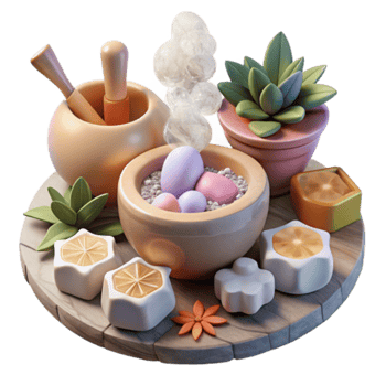 Whimsical Render of a Spa-like Scene with Succulents, Pastel Eggs, and Wooden Accents png