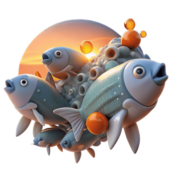 Illustration of Cartoon Fish in Coral Reef at Sunset png