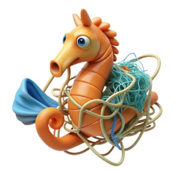 Render Cartoon Seahorse Entangled in Plastic Ocean Waste Illustration png