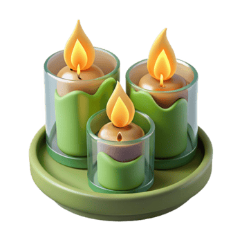 Render of Three Lit Candles on a Tray Green Candles Illustration png