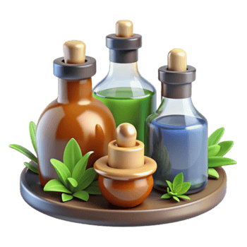 Illustration of Aromatic Essential Oils Bottles on a Tray with Herbs png