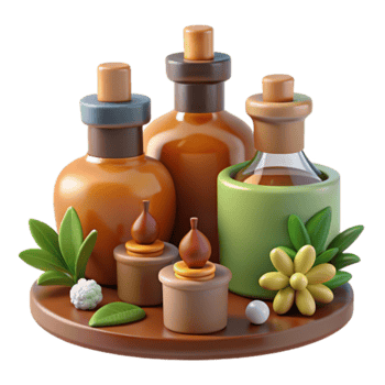 Render of Aromatic Oils Bottles and Herbal Elements on Wooden Tray png