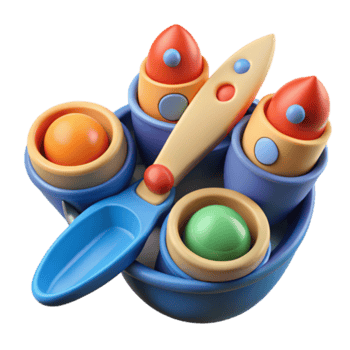 Colorful Render of Playful Toy Set Rockets, Balls, and Spoon in Bowl png