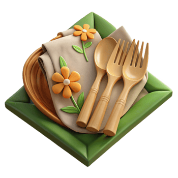 Render of Wooden Utensils and Floral Place Setting png