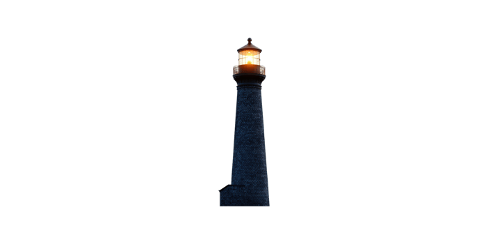 Tall brick lighthouse tower with lit lantern isolated on transparent background png