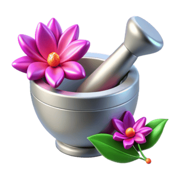 Render of Silver Mortar and Pestle with Pink Flowers, Herbal Medicine Illustration png
