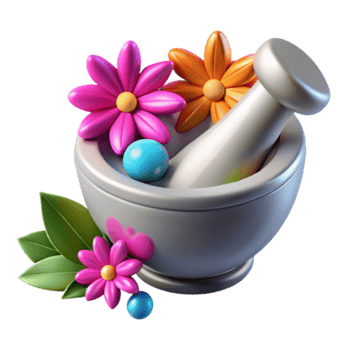 Vibrant Render of a Mortar and Pestle with Flowers and Beads png