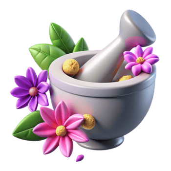 Render of a Mortar and Pestle with Flowers and Herbs png