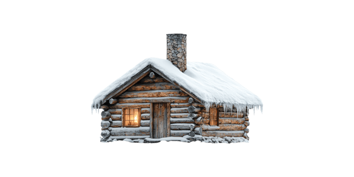 Cozy snow-covered log cabin with chimney isolated on transparent background png