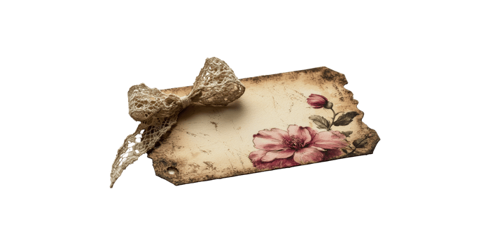 Vintage floral gift tag with lace bow isolated on transparent background png