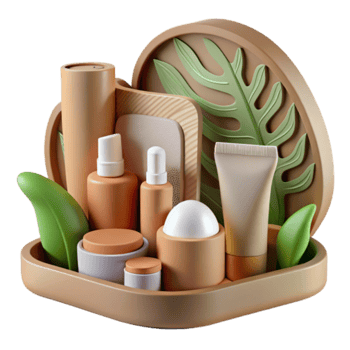 Illustration of Skincare Products in a Box with Tropical Leaves png