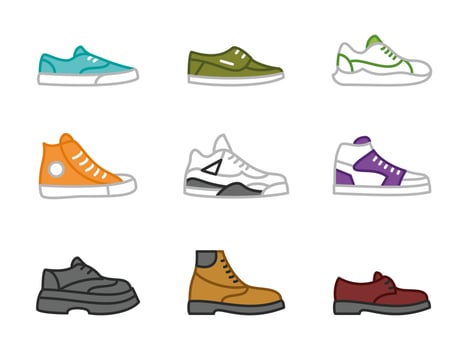 Shoes colored icon set. Cartoon sneakers illustration collection. Casual, sports and classic style colorful footwear symbol. Fashionable trendy shoe collection. Elegant leather boots silhouette vector