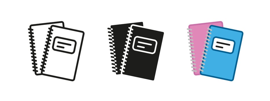 Notebook icon. Notepad with spiral binder illustration. Office and school supplies symbol. Educational stationery sign. Paper text book pictogram. Planner or document concept isolated. vector