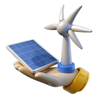 Cartoon Hand Holding Solar Panel and Wind Turbine Render png