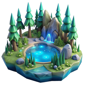 Enchanted Forest Pond Illustration Magical Glowing Water, Stylized Trees, and Rocky Waterfall png
