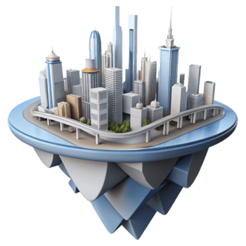 Cityscape Illustration Floating Metropolis, Urban Architecture, Modern Skyline, Futuristic City, Elevated Highway, Detailed Buildings, Abstract Background, Island City png