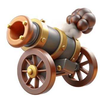 Model of a Cartoon Cannon, Firing a Smoke Puff, Vintage Style, Wooden Wheels, Gold Accents, Game Asset, Illustration png