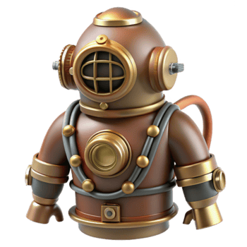 Model of Vintage Diving Suit, Retro Deep Sea Diver Helmet Illustration, Underwater Exploration Gear png