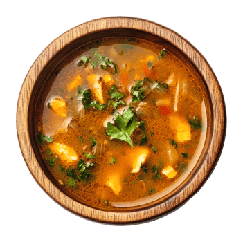 Delicious bowl of hearty vegetable soup with herbs png