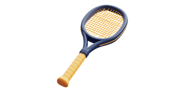 Blue and yellow tennis racket with striped grip isolated on transparent background png