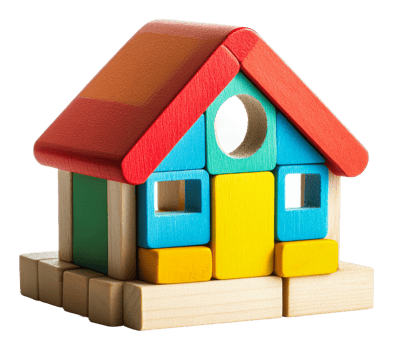 Colorful wooden toy house for children's playtime png