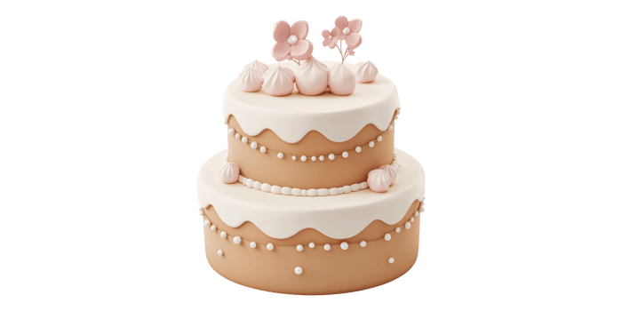 Two-tiered pink and white wedding cake with floral decorations isolated on transparent background png