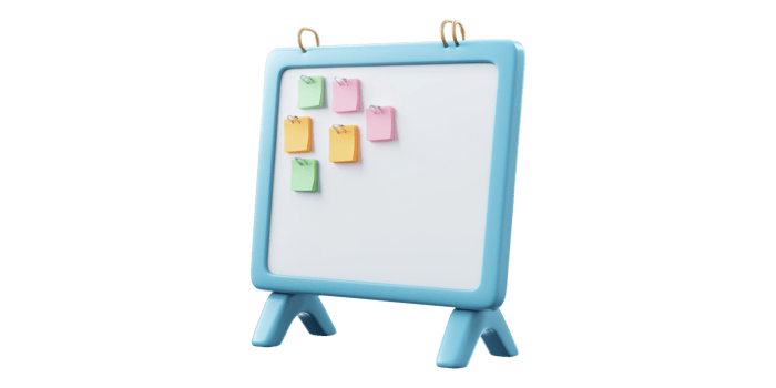 Blue easel-style whiteboard with colorful sticky notes isolated on transparent background png