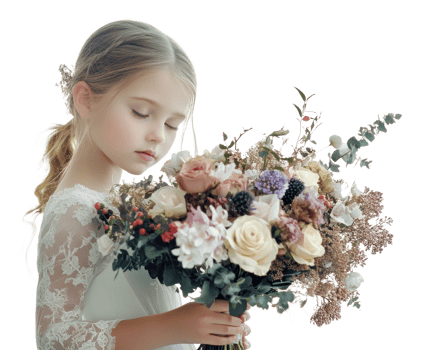Beautiful girl holding a floral bouquet indoors png