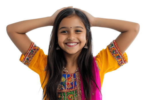 Girl in vibrant traditional dress smiles png