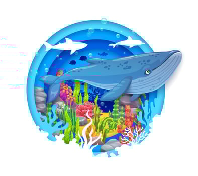 Paper cut sea landscape with whale in round frame vector