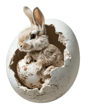 Cute bunny emerging from cracked egg shell png