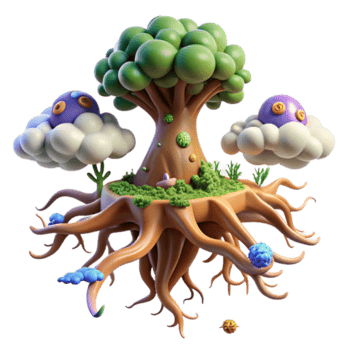 Whimsical Render of a Floating Island Tree with Clouds and Roots png