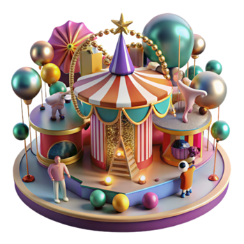 Whimsical Render of a Carnival Funfair with Balloons and Miniature Figures png