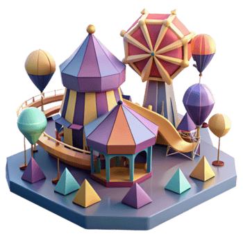 Whimsical Render of a Fairground Colorful Carousels, Hot Air Balloons, and Playful Geometry png