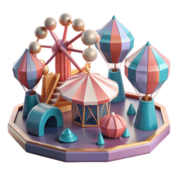 Whimsical Render of a Funfair Ferris Wheel, Hot Air Balloons, and Carousel png